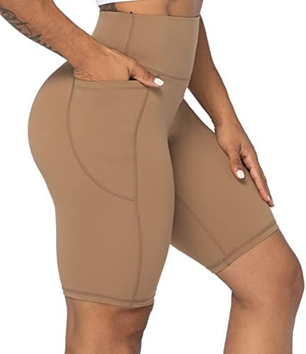 Sunzel 10" Biker Shorts for Women with Pockets, High Waisted Yoga Athletic Gym Workout Compression Long Shorts Brown