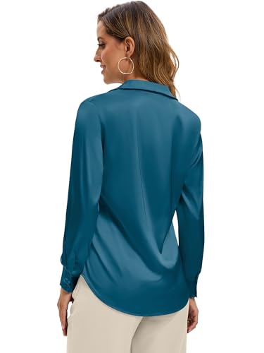 Image of Premium Soft Breathable Stretch Satin Silk Button Down Shirts for Women Long Sleeve Leopard Blouses Work Dress Tops