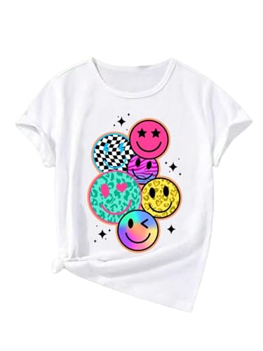 Floerns Girl's Smiling Face Graphic Crew Neck T Shirt Short Sleeve Casual Cute Tee Top