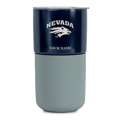 Rico Industries NCAA University of Nevada Reno Wolf Pack Personalized 16oz Navy Ceramic Tumbler with Gray Silicone Grip, Deep Laser Engraved Logo, Travel Coffee Mug with Slide Lid, Matte Glaze