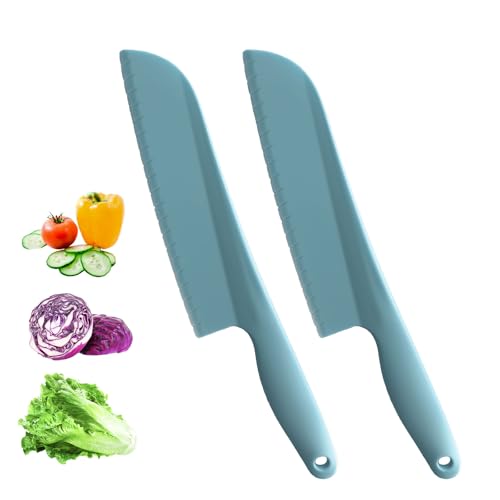 Image of Lettuce Knife to Prevent Browning, 11 inch Plastic Knife for Cutting Veggies, Fruits, Cakes, Brownies, Bread, Dishwasher Safe (2, Blue)
