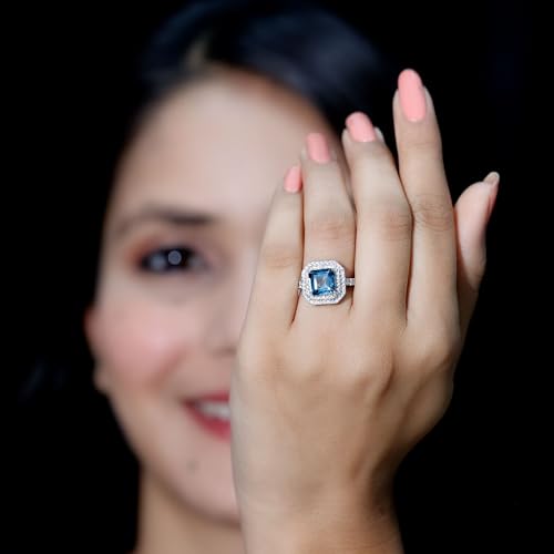 Natural London Blue Topaz 8 mm Asscher Engagement Ring, AAA Quality, Topaz Moissanite Double Halo Ring3