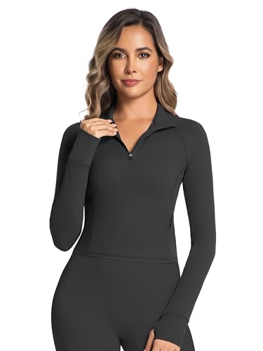 Sunzel Women's Quarter Zip Long Sleeve Workout Top with Pockets Cropped Activewear Shirt with ThumbHoles for Running Yoga Gym