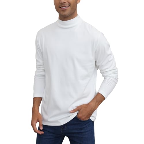 Mens Casual Mock Turtleneck T-Shirts Long Sleeve Thermal Stretchy Pullover Basic Lightweight Undershirt Sweater Tops White