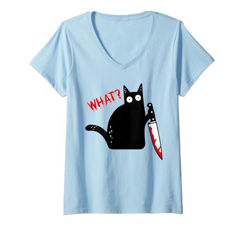 Femme Chat noir meurtrier drôle avec couteau - Chat noir QUOI? T-Shirt avec Col en V