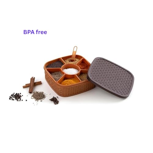 Image of 7-in-1 Premium Masala Box with Secure Compartments - Multipurpose Kitchen Spice Organizer, Rangoli Design (Brown Finish)