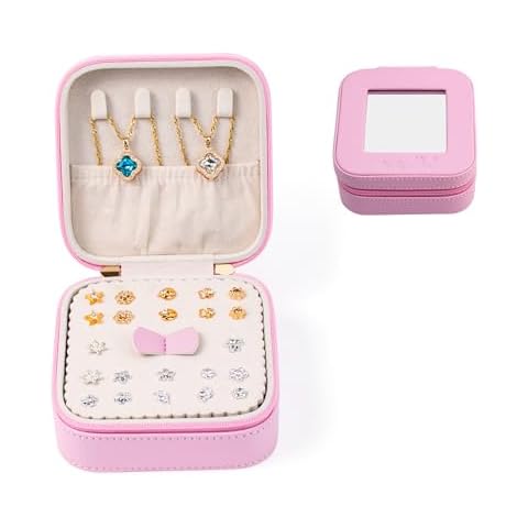 SANQIANWAN Small Travel Jewelry Case for Women Mini Jewelry Box with Mirror Jewelry Storage Holder Organizer Gift for Girls (Pink) Cover