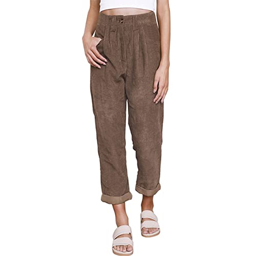 GOTOTOP Damen Gerade Cordhose Hohe Taille Retro Bequem Slim Pants(S-Braun)