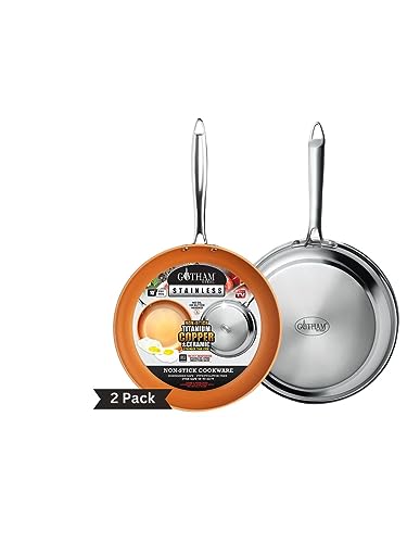 Gotham Steel Stainless Steel Premium 2 Piece Frying Pan Set, Triple Ply Reinforced with Super Nonstick Ti- Cerama Copper Coating and Induction Capable Encapsulated Bottom – Dishwasher Safe