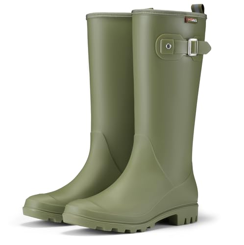 HISEA Women Rain Boots Slim Calf PVC Rubber Boot Tall Fashion Rainboots Green Waterproof Seamless Matte Surface Women's Rain Footwear Ladies Outdoor Shoes for Garden Work Walking