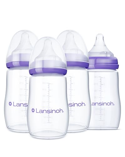 Lansinoh Babyflaschen Set mit NaturalWave Sauger Gr. M 240 ml 4er Pack - Babyflasche im neuen kompakten Design für verbesserte Stabilität - mit stapelbarem Deckel