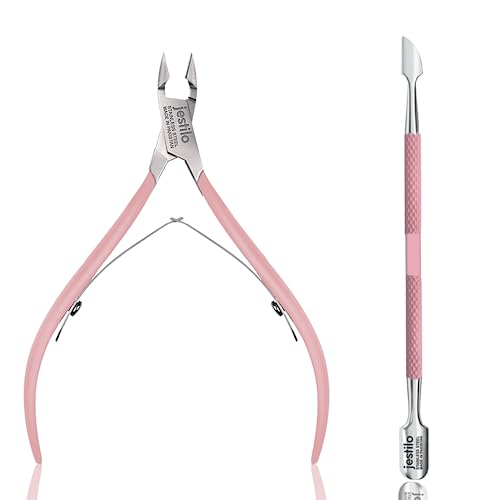 Jestilo Cuticle Remover Tool Set with Cuticle Cutter and Cuticle Pusher - Stainless Steel Professional Cuticle Nipper and Pusher Nail Care Tools for Salon and Level Mani-Pedi at Home (Pink)