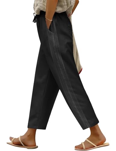 UMIPUBO Damen Sommerhose 7/8 Lang Sommer Hose Baumwollhosen Elastische Taille Freizeithose Capris Hosen Casual Loose Fit Leichte Stoffhose Palazzohose mit Taschen Kordelzug (Schwarz, XL)