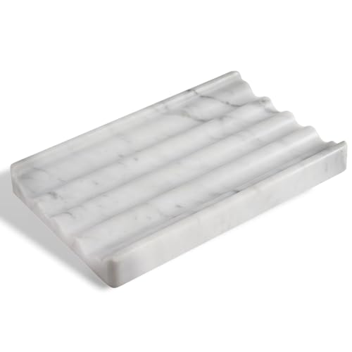 Bianco Carrara Porte-savon en marbre pour douche avec design ondulé - Distributeur de savon facile à nettoyer pour évier de cuisine et salle de bain