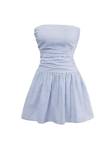 WDIRARA Women's Striped Strapless Fit and Flare Tube Top Dress Y2K Ruched Shirred Ruffle Mini Dresses