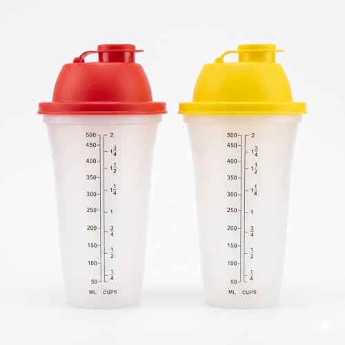 2 Shaker 50 cl ROSSO E GIALLO con Scala Graduata Bicchiere Dosatore 500 ml con Tappo ad incastro per caffe' freddo granite frullati Cocktail Proteine Pastelle Salse ed Emulsioni