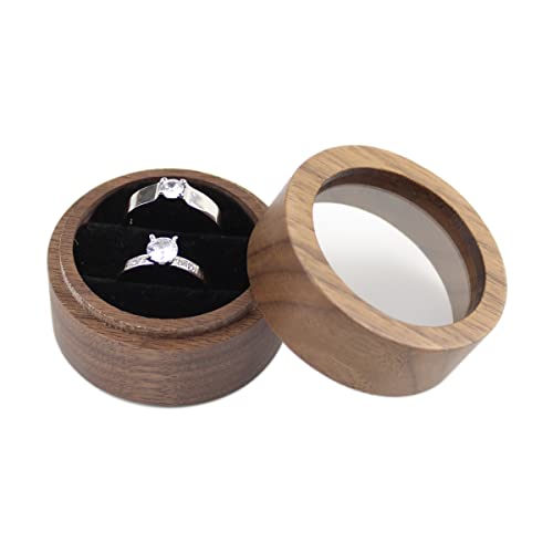 DSHOM Round Wooden Jewelry Ring Box Transparent Lid Couple Rings Box for Engagement Wedding Box Two Slots Black Velvet
