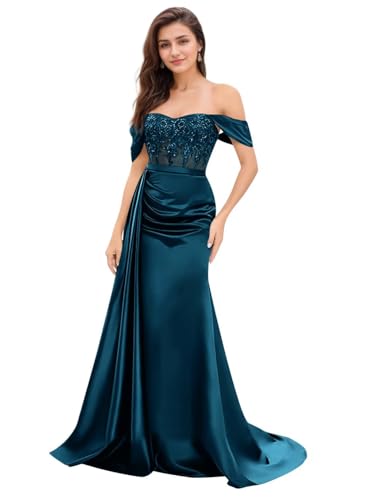 JSSOFT TEX Lace Applique Prom Gowns Side Slit Long A-Line Bridesmaid Dresses for Wedding Off The Shoulder Formal Evening Gowns for Women Formal Teal 8