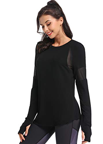 Muzniuer Long Sleeve Workout Tops for Women Gym Exercise Athletic Shirts Long Sleeve Yoga Shirts Loose Sports Shirts with Thumb Hole Running Activewear for Women Black L