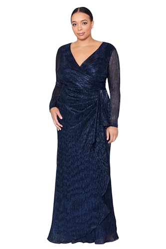 Betsy & Adam Women's Plus Size Sheer Sleeve V-Neck Galaxy Side Ruffle Long Dress