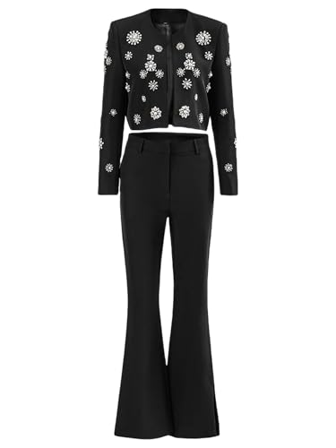 Women's 2 Piece Diamond Pearl Pant Suit Set Slim Fit Luxury Jacket Pants Party Wedding Outfits