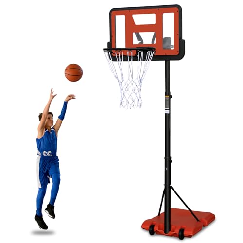 Rakon Teenagers Youth Height Adjustable 4.8 to 7.7ft Basketball Hoop 28 Inch Backboard Portable Basketball Goal System with Stable Base and Wheels, use for Indoor Outdoor-Orange Base