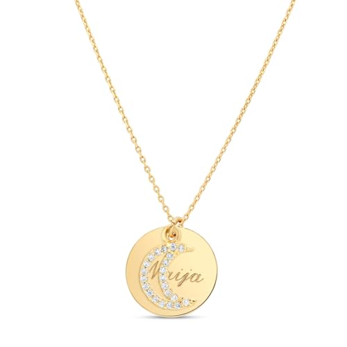 Moments Précieux Collier enfant médaille gravée et charm lune à strass, plaqué Or - Idée cadeau pour Noël - Anniversaires - Baptême - Communion