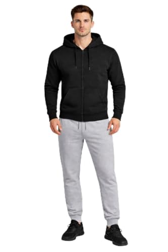 Conjunto Moletom Masculino Inverno, Blusa com Capuz e Zíper + Calça Jogger com Bolso, Moletom Casual para o Dia a Dia (BR, Alfa, P, Regular, Regular, Moletom Preto Calça Cinza)