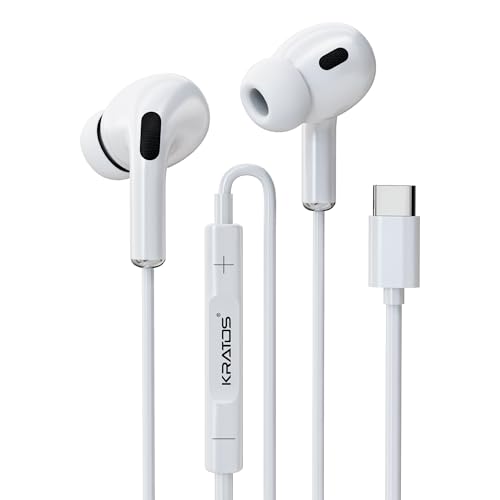 Image of Kratos Type C Headphones with Mic, White in-Ear Design, 12mm Driver for Deep Bass and Clear Sound, C Type Earphones Wired, Compatible with iPhone, Android Smartphones, Tablets, and USB C Devices