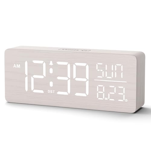 Image of Peakeep Wooden Digital Alarm Clock Large Display, Textured Decoration | for Bedroom Living Room Desk Table, Electric Plug-in Clock Battery Backup with Time Date Day, 5 Brightness, Auto DST