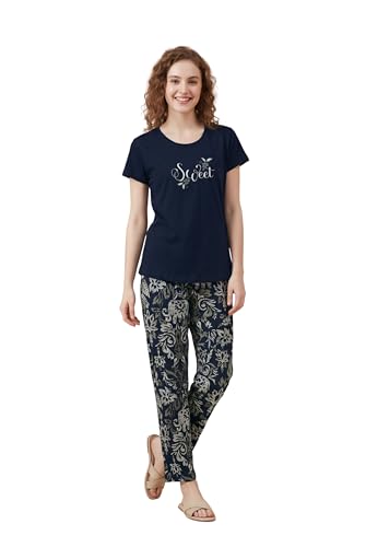 Image of Women's Pure Cotton Printed Night Suit | Sweet Graphic Top & Elephant Print Pyjama Set | Soft Round Neck Sleepwear