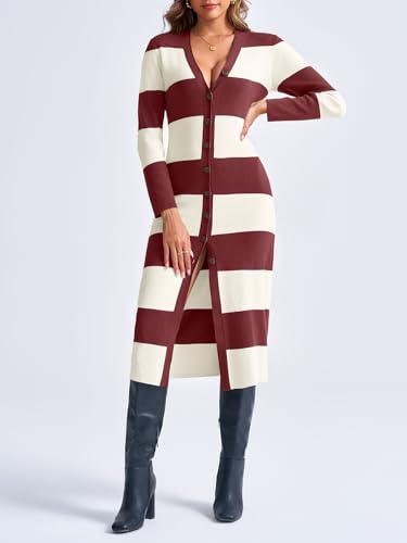 Image of Saodimallsu Womens Striped Sweater Dress Button V Neck Long Sleeve Knit Fall Trendy Bodycon Midi Dresses Cardigans