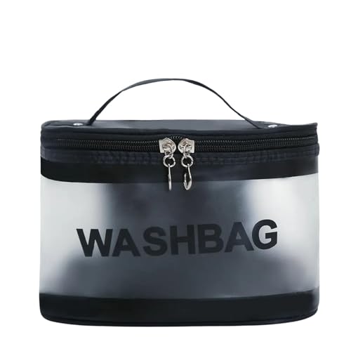 Image of Transparent and PU Waterproof Cosmetic Wash Bag (Black, Square Shape) - Travel Toiletry Organizer Pouch with Zipper & Handle for Makeup & Skincare (21.5W x 15B x 16H cm, Pack of 1)