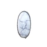 White Howlite Ring in 925 Sterling Silver - Vintage Antique Oval Shape Boho Style Ring for Women, Healing Crystal Gypsy Jewelry, Buffalo Turquoise Accents, Unique Promise Ring or Bridesmaids Gift