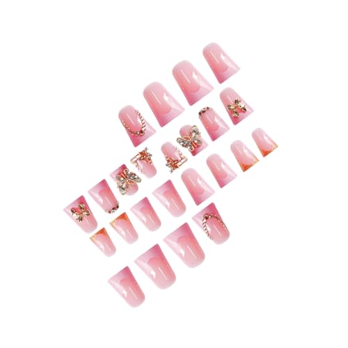 Image of Pink French Tip Press on Nails Short Duck Fake Nails with Design 5D Butterfly Glue on Nails Rhinestone Bow False Nail Artificial Acrylic Full Cover Glossy Stick on Nails for Women Manicure 24Pcs