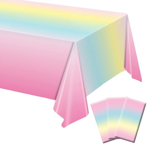 BHEYA 3 Pack Rainbow Tablecloth, Pastel Table Cloths for Parties Rainbow Princess Plastic Table Cloth Birthday Party Colorful Disposable Tablecloth for Pastel Birthday Party Decorations 54x108 Inch