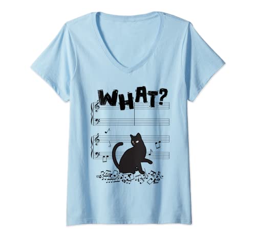 Womens Cat What Funny Cat Music Note V-Neck T-Shirt