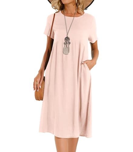 Sommerkleid Damen Leinen Kleider Casual V-Ausschnitt Midikleid Kurzarm A-Linie Kleid Strandkleid (E Rosa, M) 3