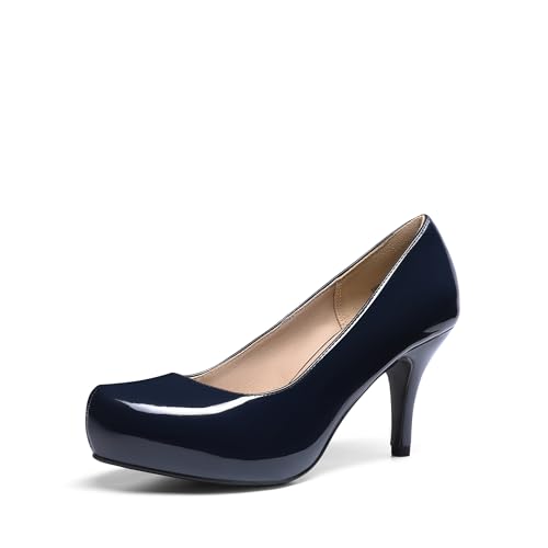 DREAM PAIRS Tiffany Women's Classic Elegant Versatile Low Stiletto Heel Dress Platform Pumps Shoes 5.5 Navy/Pat