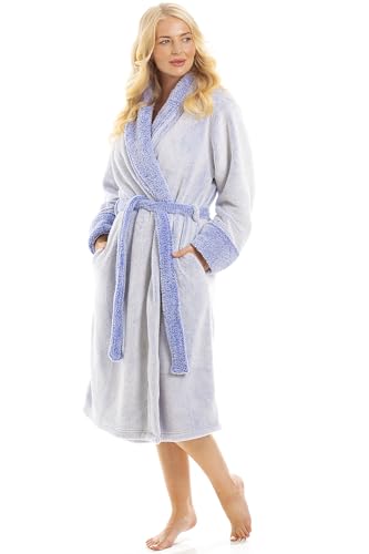 Image of Camille Women's Super Soft Fleece Dressing Gown | Deep Pile, Shaggy Knee-Length Bathrobe | Collar, Long Sleeves, Wrap Belt & Front Pockets | Comfy Housecoat | Blue 18-20