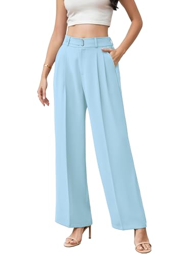 Betusline Women's Casual Wide Leg Long Dress Pants High Waisted Business Office Straight Trousers for Women, 1# Blue, Large2