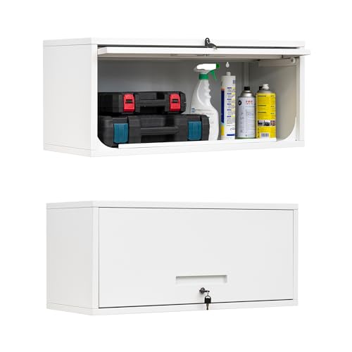Image of Yizosh Metal Wall Cabinet with Doors, Wall Mounted Storage Cabinet - Floating Tool Cabinet for Kitchen, Basement, Warehouse (White, 13.7 inch H)