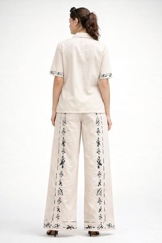 Image of Women's Cotton Blend Collared Casual Co-Ord Set with Palazzo Pants | Beige