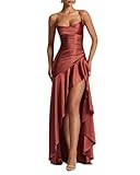 YOUCAI Robe de Soirée Cocktail Longue Asymétrique pour Mariage Invité Bal de Promo Anniversaire Cérémonie Femme Robe Demoiselle d'honneur avec Fente,Marron Rouge,S