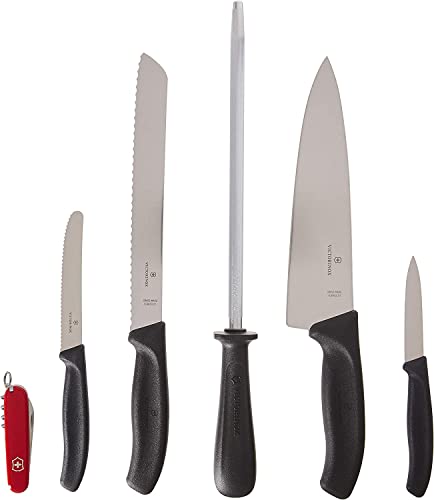Image of Victorinox Swiss Classic Knife Block - Kitchen Knife Set with Block for Home Essentials - Includes Chef's Knife, Bread Knife, Honing Steel & Pocket Knife - Black Handles, 7-Piece Set