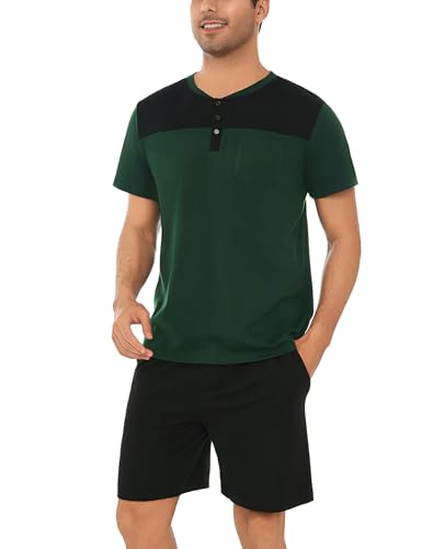 Pijama Hombre Verano Conjunto de Pijama de Algodón con Camiseta de Manga Corta y Pantalón Corto con Bolsillos Suave y Cómodo