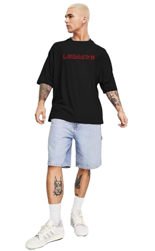 Image of LEOTUDE Men's Oversized Cottonblend Round Neck Half Sleeve Back Printed Drop Shoulder Tshirt(Color : Navy)