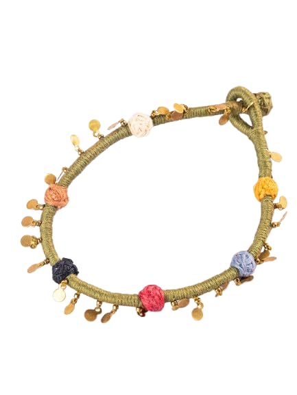 Green Thread Ball Anklet for Women | Handmade Bead & Brass Tikki Payal | Boho Ethnic Foot Jewellery | Lightweight Festive Anklet-image-15