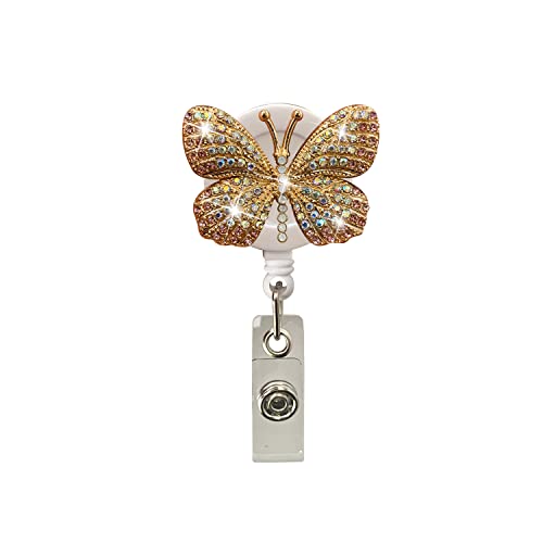 Badge Reel Retractable Rhinestone Badge Holder Lanyards For Id Badges Bling Id Name Cute Animal Badge Holder With Swivel Alligator Clip For Nurse Doctor Teachers Students (Golden Pink Butterfly) #TOP5