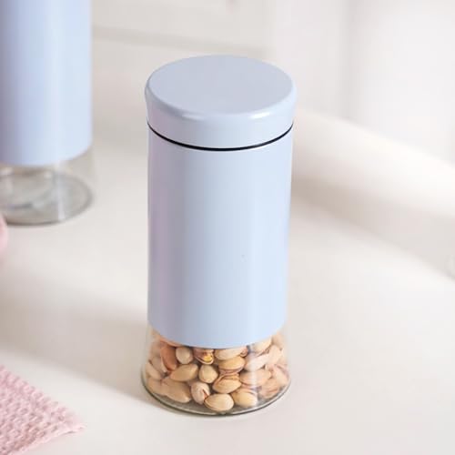 Image of Nestasia Metal Jacketed Glass Jars Set of 4 (1000 ml) | Airtight See - Through Glass Containers with Lids for Kitchen Storage - Ideal for Storing Snacks, Dry Fruits, Pickles or Pulses (Pastel Blue)